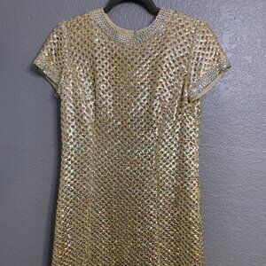 Vintage Mod Gold Knit Sequin Lined Rhinestone Collar Shift Dress Pat Sandler